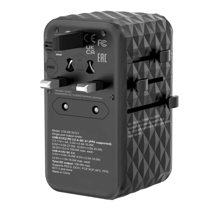 Verbatim UTA-06 100W GaN III universaalne reisiadapter 2 x USB-C PD & QC 4+ ja 2 x USB-A QC 3.0 pordiga