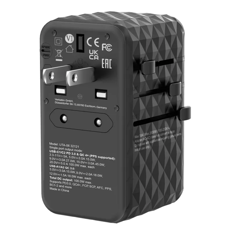 Verbatim UTA-06 100W GaN III universaalne reisiadapter 2 x USB-C PD & QC 4+ ja 2 x USB-A QC 3.0 pordiga