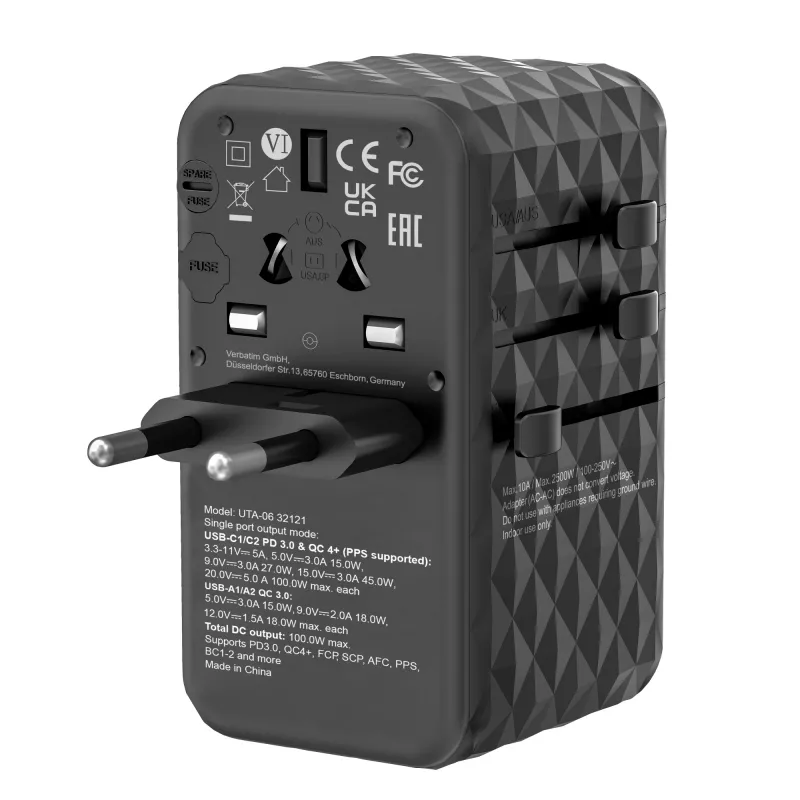 Verbatim UTA-06 100W GaN III universaalne reisiadapter 2 x USB-C PD & QC 4+ ja 2 x USB-A QC 3.0 pordiga