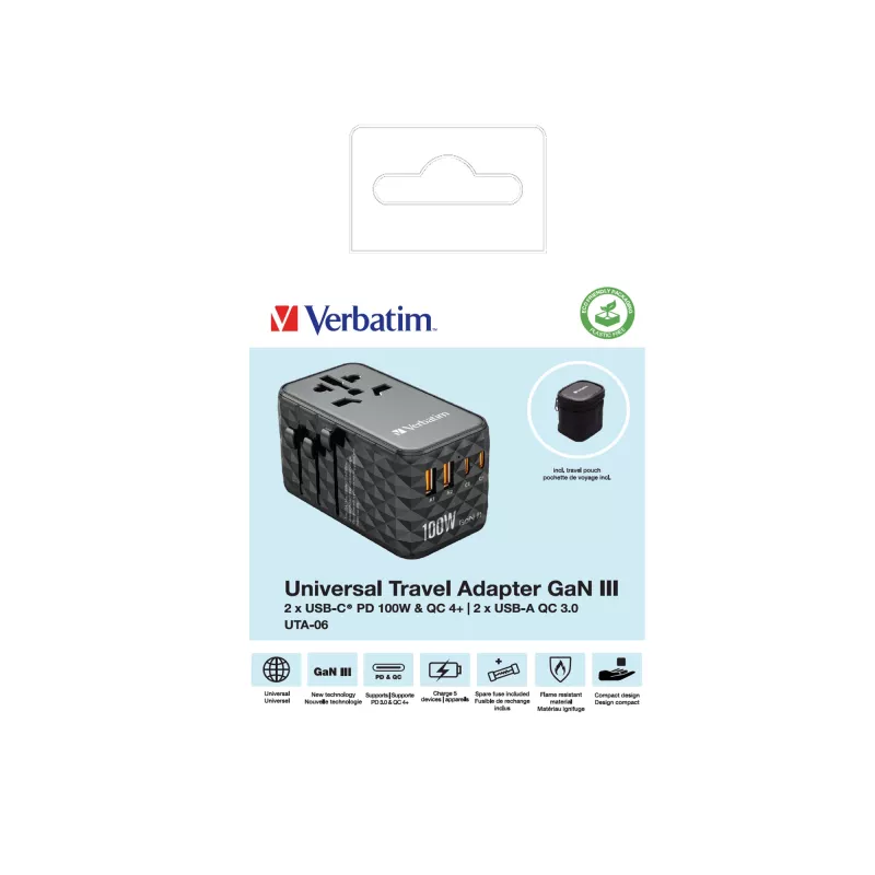 Verbatim UTA-06 100W GaN III universaalne reisiadapter 2 x USB-C PD & QC 4+ ja 2 x USB-A QC 3.0 pordiga