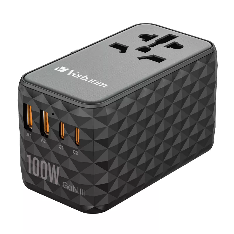 Verbatim UTA-06 100W GaN III universaalne reisiadapter 2 x USB-C PD & QC 4+ ja 2 x USB-A QC 3.0 pordiga