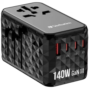 Verbatim UTA-10 140W GaN III universaalne reisiadapter kahe USB-C PD 3.1 ja QC 4+, ühe USB-C PD 3.0 ja ühe USB-A QC 3.0 pordiga