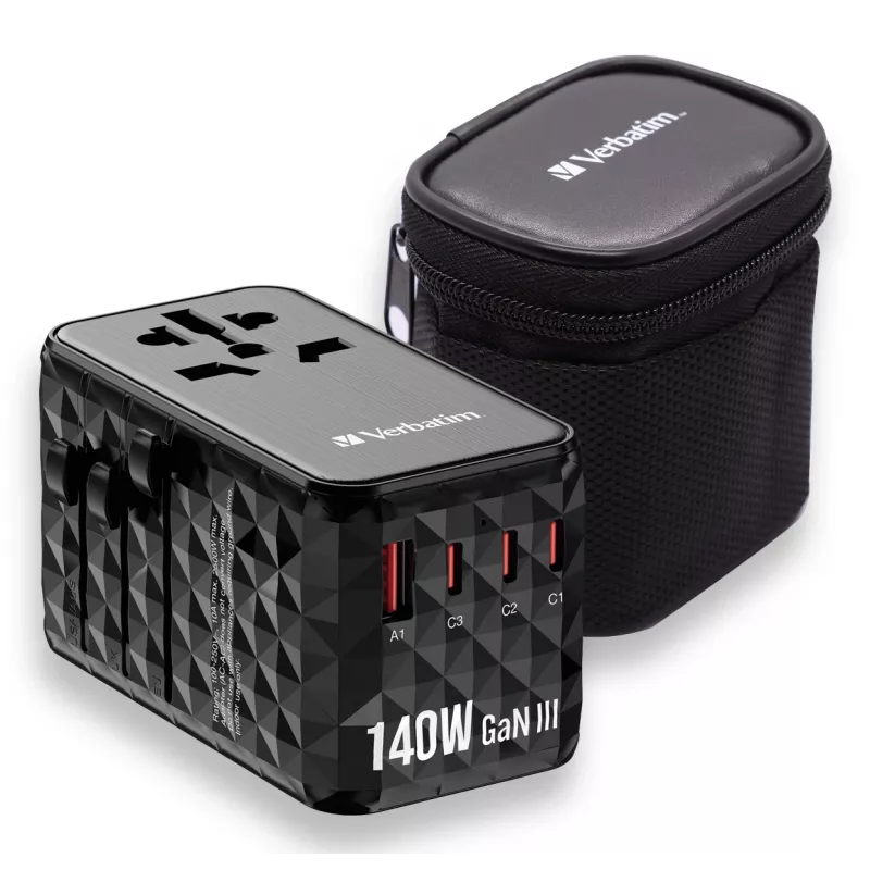 Verbatim UTA-10 140W GaN III universaalne reisiadapter kahe USB-C PD 3.1 ja QC 4+, ühe USB-C PD 3.0 ja ühe USB-A QC 3.0 pordiga