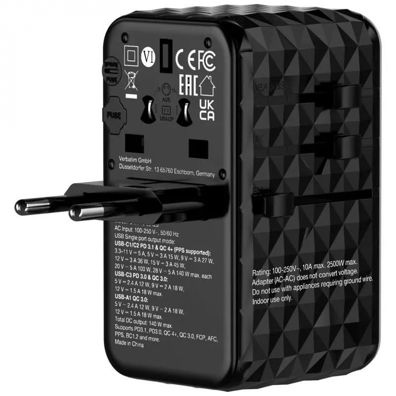 Verbatim UTA-10 140W GaN III universaalne reisiadapter kahe USB-C PD 3.1 ja QC 4+, ühe USB-C PD 3.0 ja ühe USB-A QC 3.0 pordiga