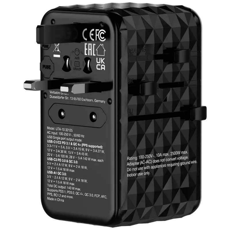 Verbatim UTA-10 140W GaN III universaalne reisiadapter kahe USB-C PD 3.1 ja QC 4+, ühe USB-C PD 3.0 ja ühe USB-A QC 3.0 pordiga