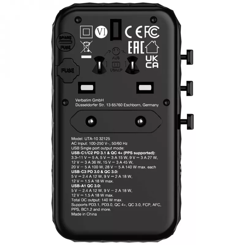 Verbatim UTA-10 140W GaN III universaalne reisiadapter kahe USB-C PD 3.1 ja QC 4+, ühe USB-C PD 3.0 ja ühe USB-A QC 3.0 pordiga