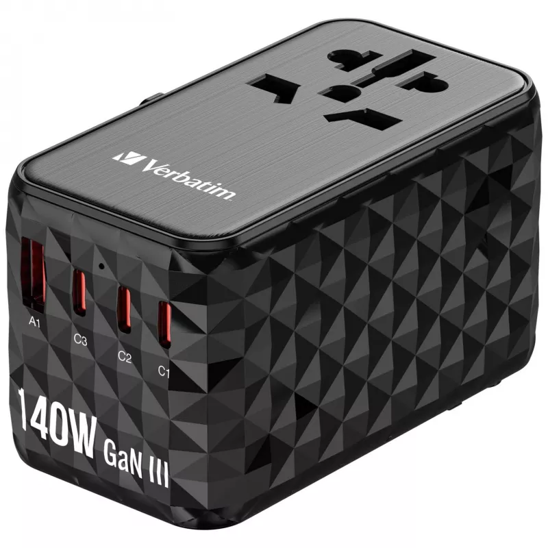 Verbatim UTA-10 140W GaN III universaalne reisiadapter kahe USB-C PD 3.1 ja QC 4+, ühe USB-C PD 3.0 ja ühe USB-A QC 3.0 pordiga