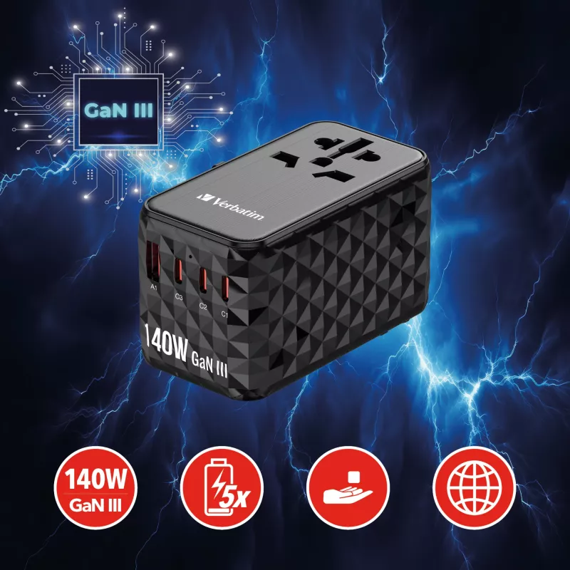 Verbatim UTA-10 140W GaN III universaalne reisiadapter kahe USB-C PD 3.1 ja QC 4+, ühe USB-C PD 3.0 ja ühe USB-A QC 3.0 pordiga