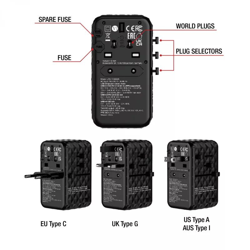 Verbatim UTA-10 140W GaN III universaalne reisiadapter kahe USB-C PD 3.1 ja QC 4+, ühe USB-C PD 3.0 ja ühe USB-A QC 3.0 pordiga