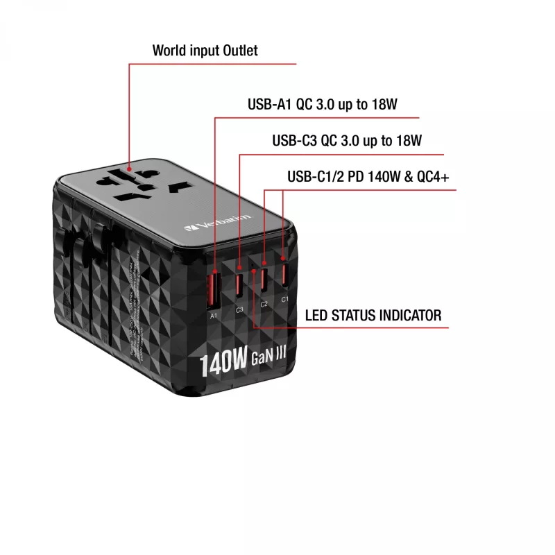 Verbatim UTA-10 140W GaN III universaalne reisiadapter kahe USB-C PD 3.1 ja QC 4+, ühe USB-C PD 3.0 ja ühe USB-A QC 3.0 pordiga