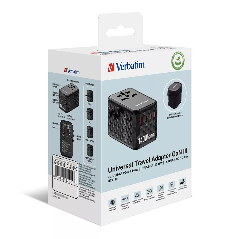Verbatim UTA-10 140W GaN III universaalne reisiadapter kahe USB-C PD 3.1 ja QC 4+, ühe USB-C PD 3.0 ja ühe USB-A QC 3.0 pordiga