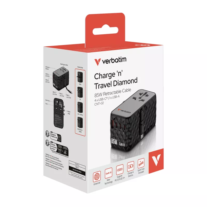 Verbatim Charge 'n' Travel Diamond 85W sissetõmmatava kaabliga CNT-02
