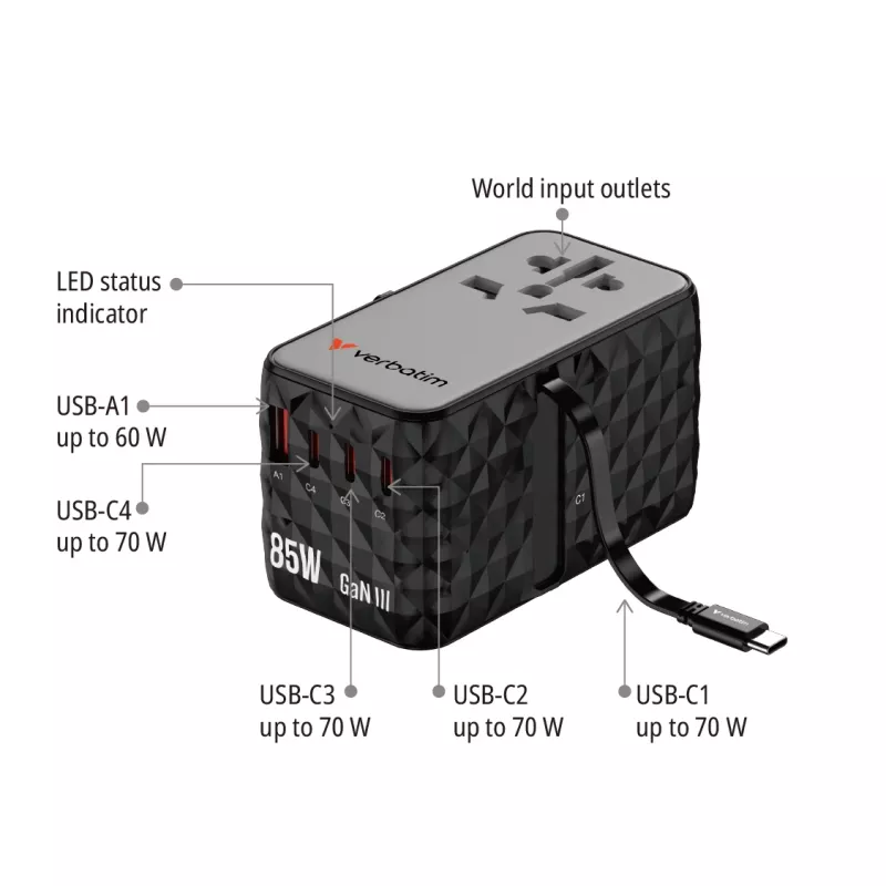 Verbatim Charge 'n' Travel Diamond 85W sissetõmmatava kaabliga CNT-02
