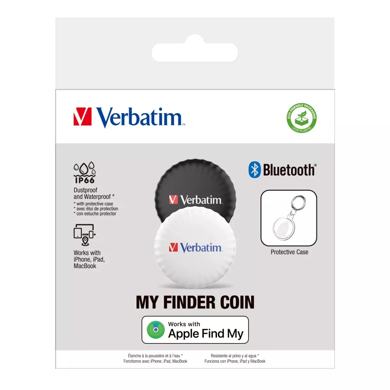Verbatim My Finder Coin Bluetooth Tracker - 2 Pack, Isiklik, Leidja, Must, Valge, Tolmukindel, Veekindel, IP66, CR2032