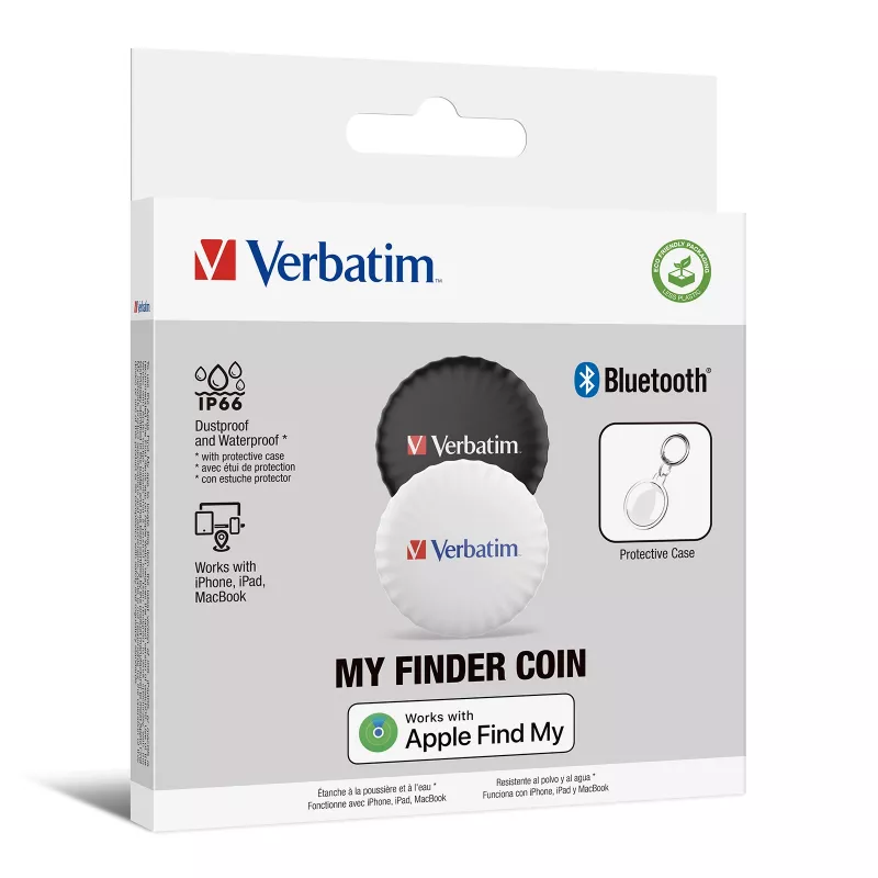Verbatim My Finder Coin Bluetooth Tracker - 2 Pack, Isiklik, Leidja, Must, Valge, Tolmukindel, Veekindel, IP66, CR2032
