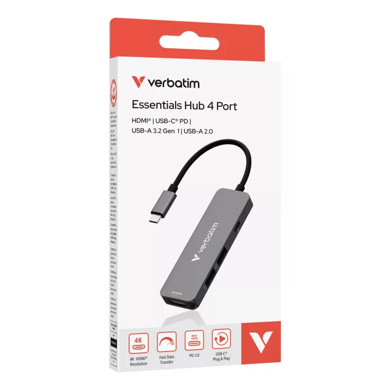 Verbatim USB-C Essentials Multijaotur, 4 porti: HDMI, USB-C PD, USB-A 3.2 Gen 1, USB-A
