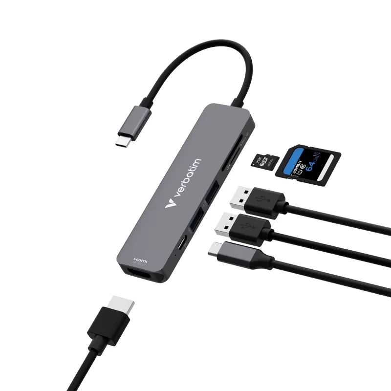 Verbatim USB-C Essentials Multiport Hub 6 porti: HDMI, USB-C PD, USB-A 3.2 Gen 1, USB-A, SD ja microSD