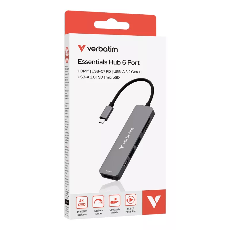 Verbatim USB-C Essentials Multiport Hub 6 porti: HDMI, USB-C PD, USB-A 3.2 Gen 1, USB-A, SD ja microSD