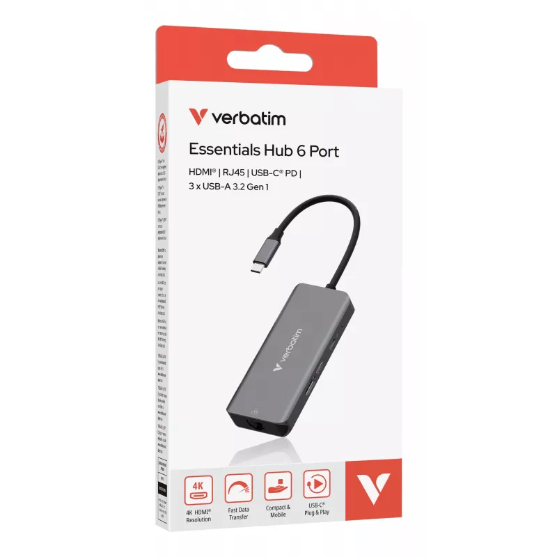 Verbatim USB-C Essentials Multiport Hub 6 pordiga: RJ45, HDMI, USB-C PD, 3 x USB-A 3.2 Gen 1