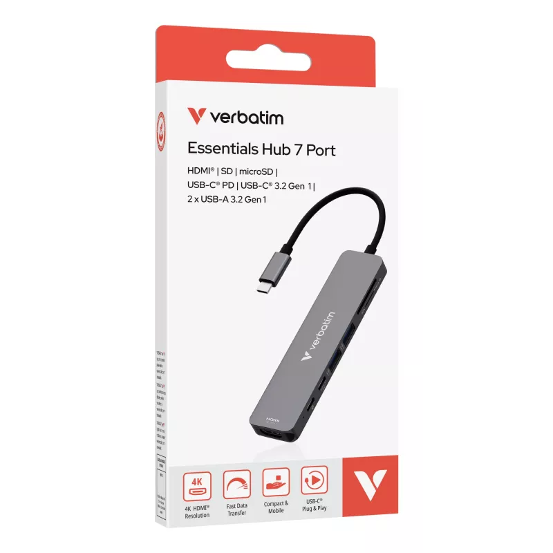 Verbatim USB-C Essentials Multiport Hub 7 porti: HDMI, USB-C, USB-C 3.2 Gen 1, 2 x USB-A 3.2 Gen 1, SD ja microSD
