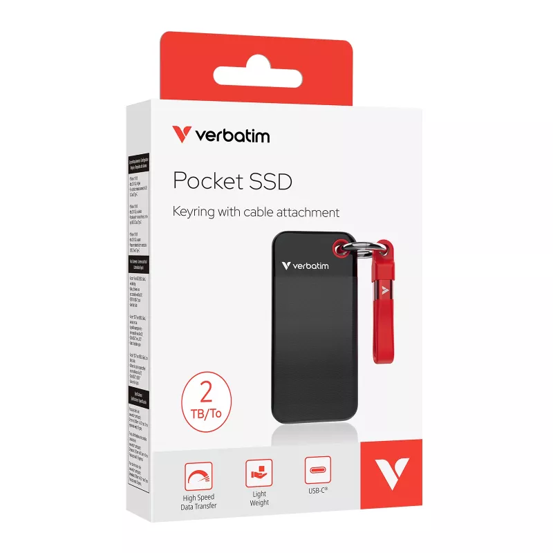 Verbatim Pocket SSD USB 3.2 Gen 2 2TB Must/Red, 2 TB, USB USB-C, 3.2 Gen 2 (3.1 Gen 2), 1000 MB/s, 10 Gbit/s, Must, Red
