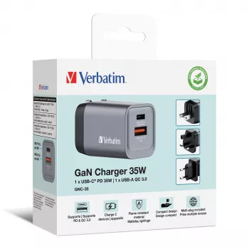 Verbatim GNC-35 GaN laadija 35W, 1 x USB-C PD 35W / 1 x USB-A QC 3.0 (EL/Ühendkuningriik/USA)