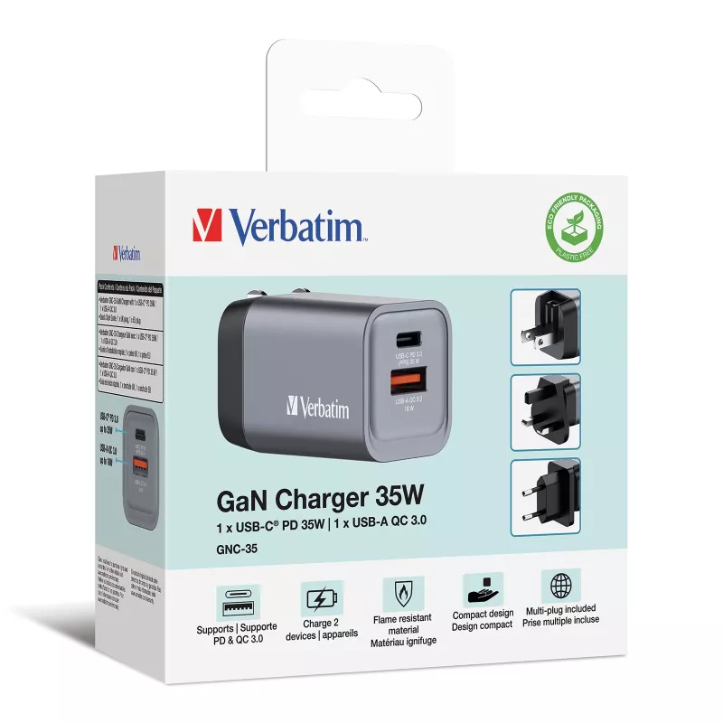 Verbatim GNC-35 GaN laadija 35W, 1 x USB-C PD 35W / 1 x USB-A QC 3.0 (EL/Ühendkuningriik/USA)