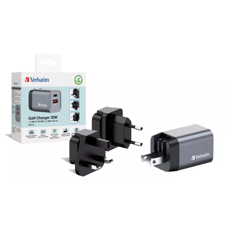 Verbatim GNC-35 GaN laadija 35W, 1 x USB-C PD 35W / 1 x USB-A QC 3.0 (EL/Ühendkuningriik/USA)