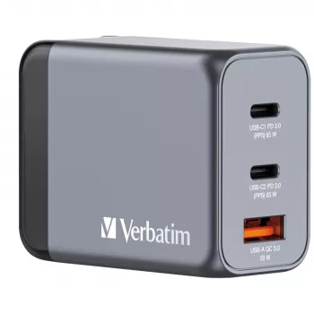 Verbatim GNC-65 GaN Charger 65W koos 2 x USB-C PD 65W / 1 x USB-A QC 3.0 (EU/UK/US)