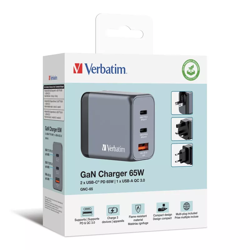 Verbatim GNC-65 GaN Charger 65W koos 2 x USB-C PD 65W / 1 x USB-A QC 3.0 (EU/UK/US)