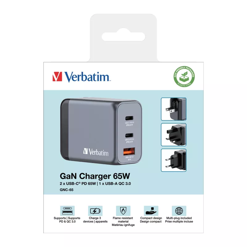 Verbatim GNC-65 GaN Charger 65W koos 2 x USB-C PD 65W / 1 x USB-A QC 3.0 (EU/UK/US)
