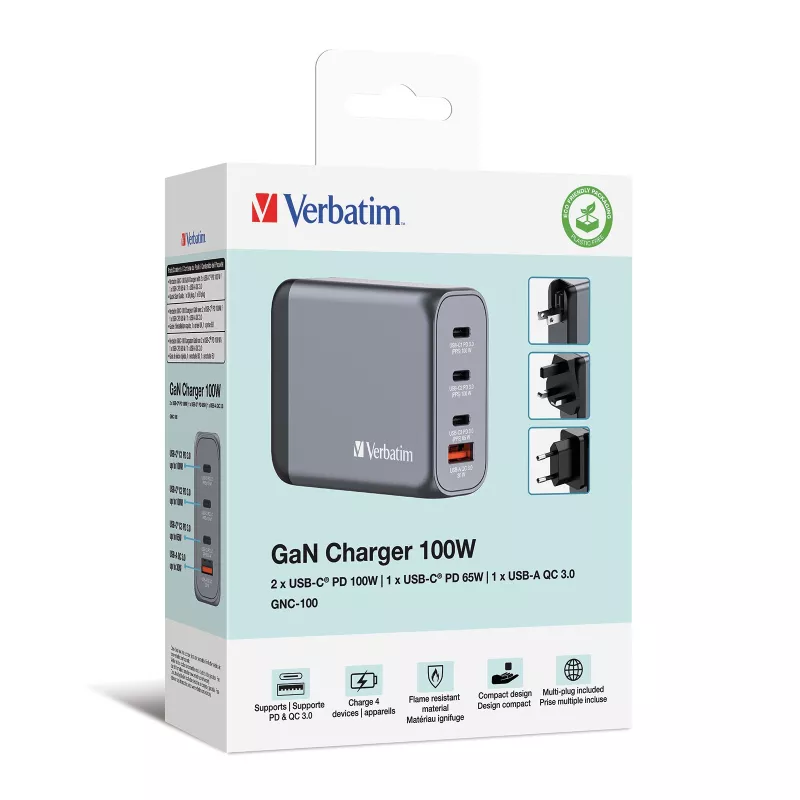 Verbatim GNC-100 GaN laadija 100W, 2 x USB-C PD 100W / 1 x USB-C PD 65W / 1 x USB-A QC 3.0 (EL/UK/US)
