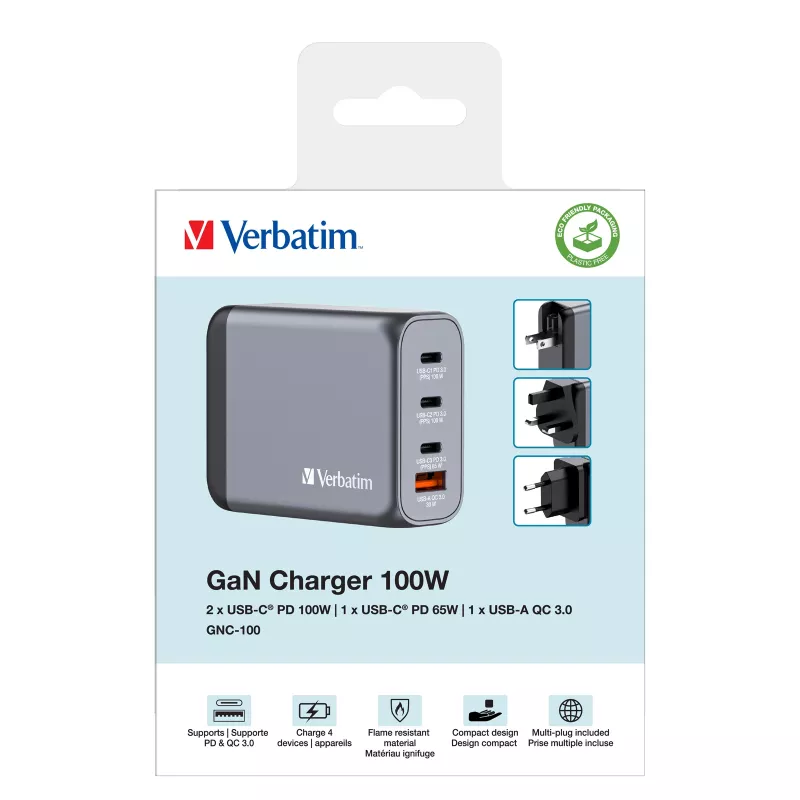 Verbatim GNC-100 GaN laadija 100W, 2 x USB-C PD 100W / 1 x USB-C PD 65W / 1 x USB-A QC 3.0 (EL/UK/US)