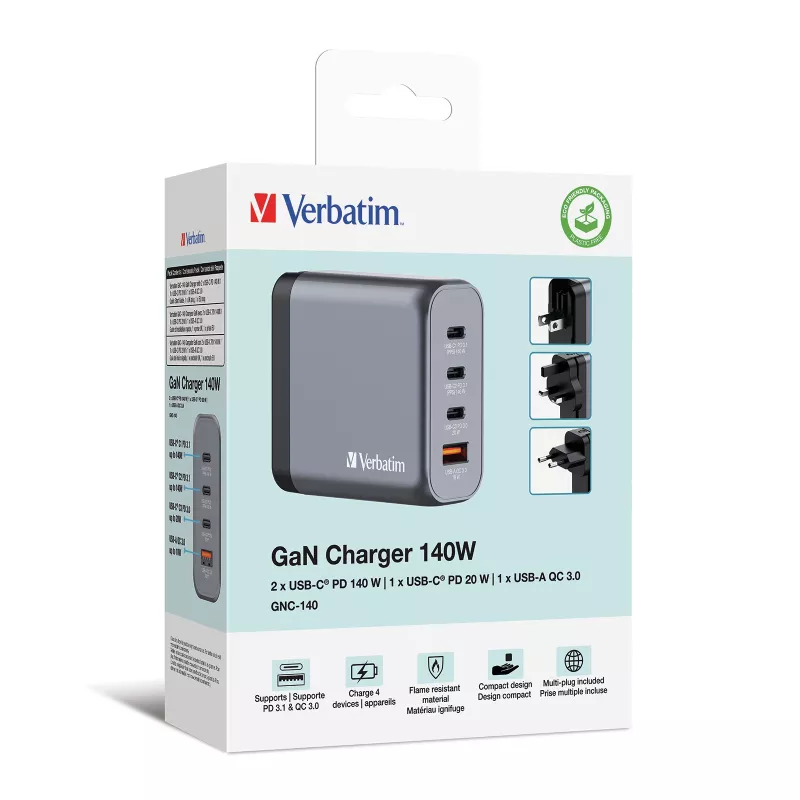 Verbatim GNC-140 GaN laadija 140 W, 2x USB-C PD 140 W / 1x USB-C PD 20 W / 1x USB-A QC 3.0 (EL/ÜK/USA)