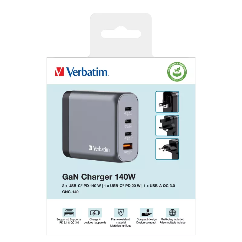 Verbatim GNC-140 GaN laadija 140 W, 2x USB-C PD 140 W / 1x USB-C PD 20 W / 1x USB-A QC 3.0 (EL/ÜK/USA)