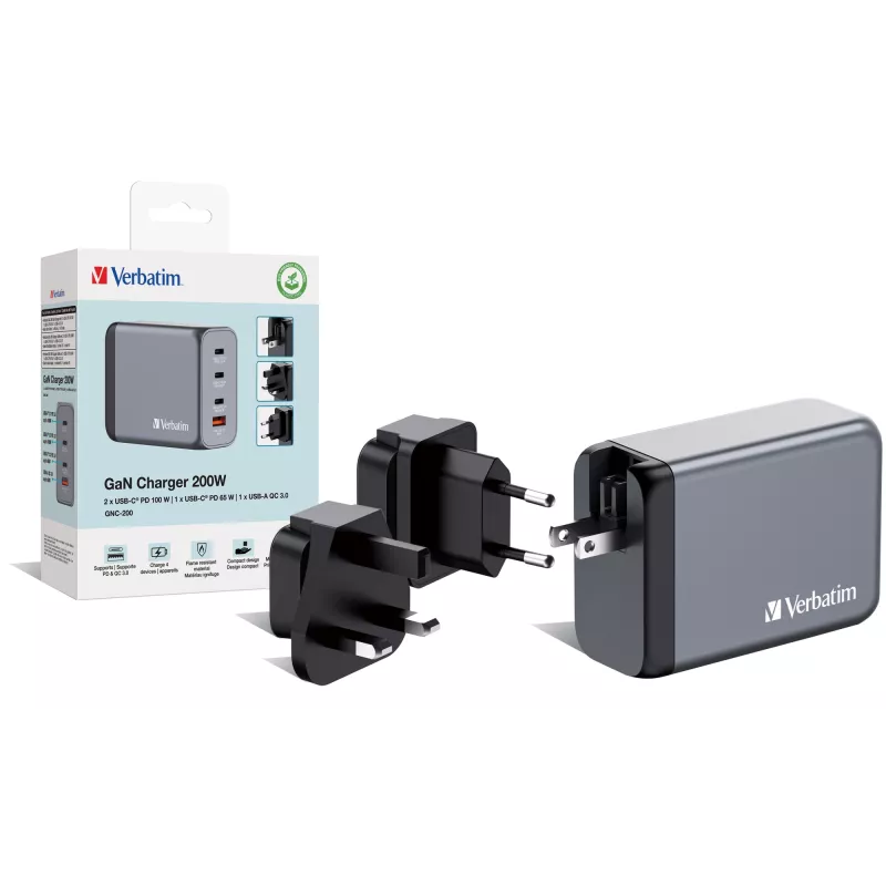 Verbatim GNC-200 GaN laadija 200W, 2x USB-C PD 100W / 1x USB-C PD 65W / 1x USB QC 3.0 (EL/Ühendkuningriik/USA)