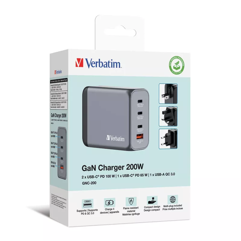 Verbatim GNC-200 GaN laadija 200W, 2x USB-C PD 100W / 1x USB-C PD 65W / 1x USB QC 3.0 (EL/Ühendkuningriik/USA)