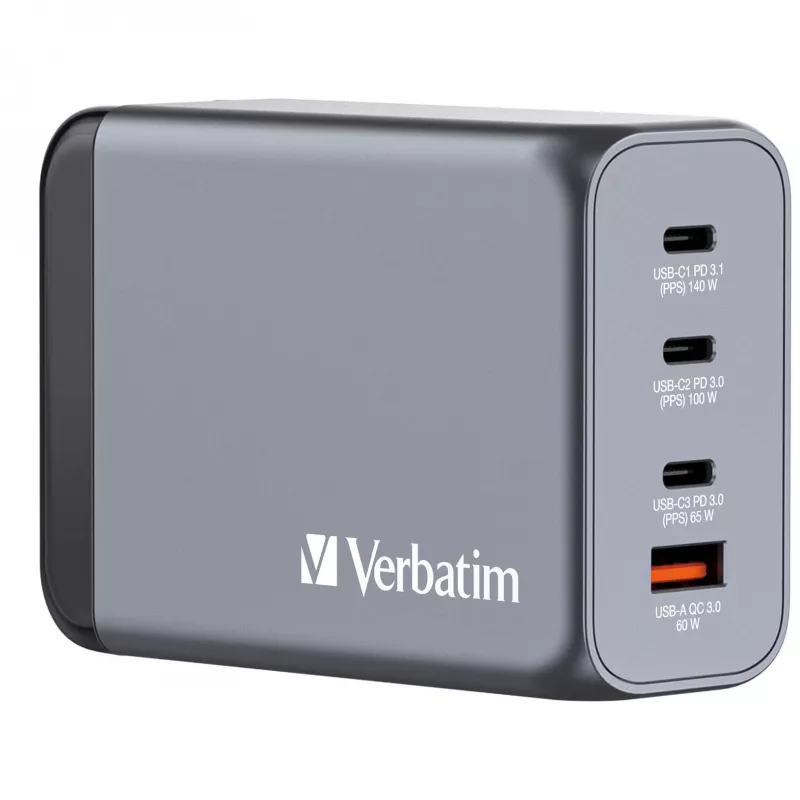 Verbatim GNC-240 GaN laadija 240W, 1x USB-C 140W / 1x USB-C 100W / 1x USB-C 65W / 1x USB-A QC 3.0 (EL/UK/US)