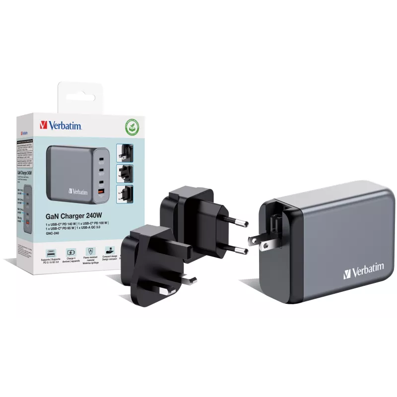 Verbatim GNC-240 GaN laadija 240W, 1x USB-C 140W / 1x USB-C 100W / 1x USB-C 65W / 1x USB-A QC 3.0 (EL/UK/US)