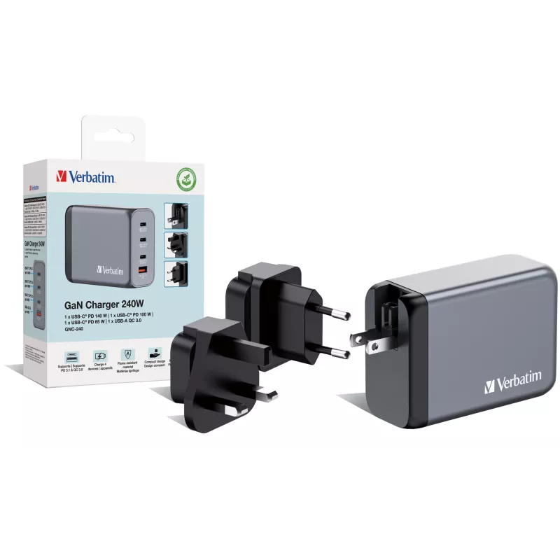 Verbatim GNC-240 GaN laadija 240W, 1x USB-C 140W / 1x USB-C 100W / 1x USB-C 65W / 1x USB-A QC 3.0 (EL/UK/US)