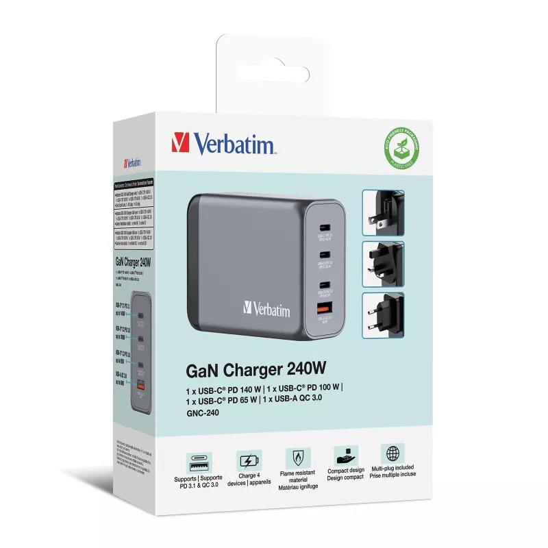 Verbatim GNC-240 GaN laadija 240W, 1x USB-C 140W / 1x USB-C 100W / 1x USB-C 65W / 1x USB-A QC 3.0 (EL/UK/US)
