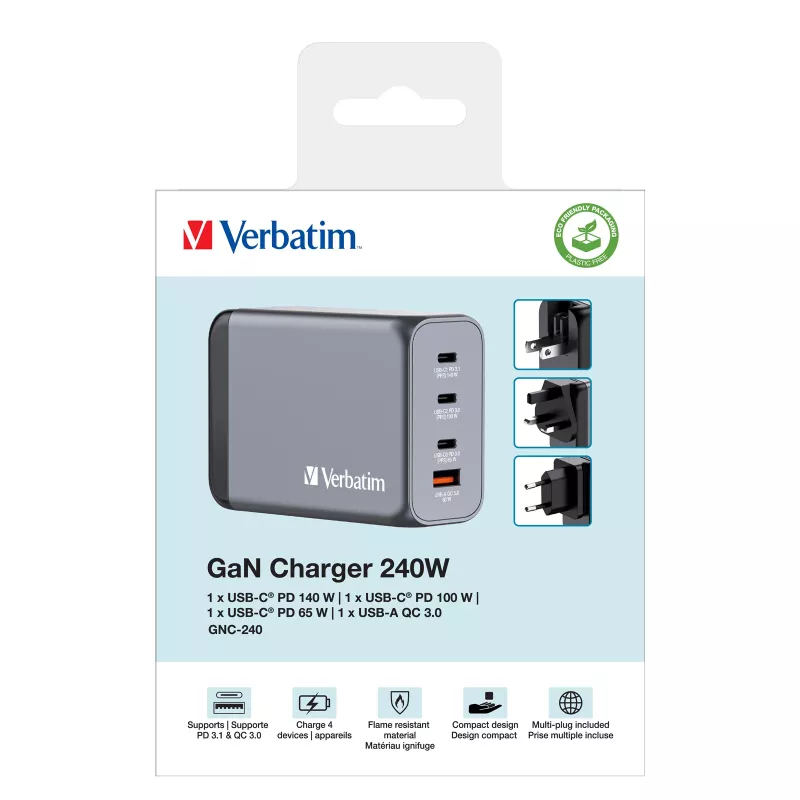 Verbatim GNC-240 GaN laadija 240W, 1x USB-C 140W / 1x USB-C 100W / 1x USB-C 65W / 1x USB-A QC 3.0 (EL/UK/US)