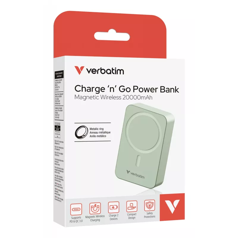 Verbatim Charge 'n' Go Essentials magnetiline juhtmevaba akupank 20000 mAh roheline