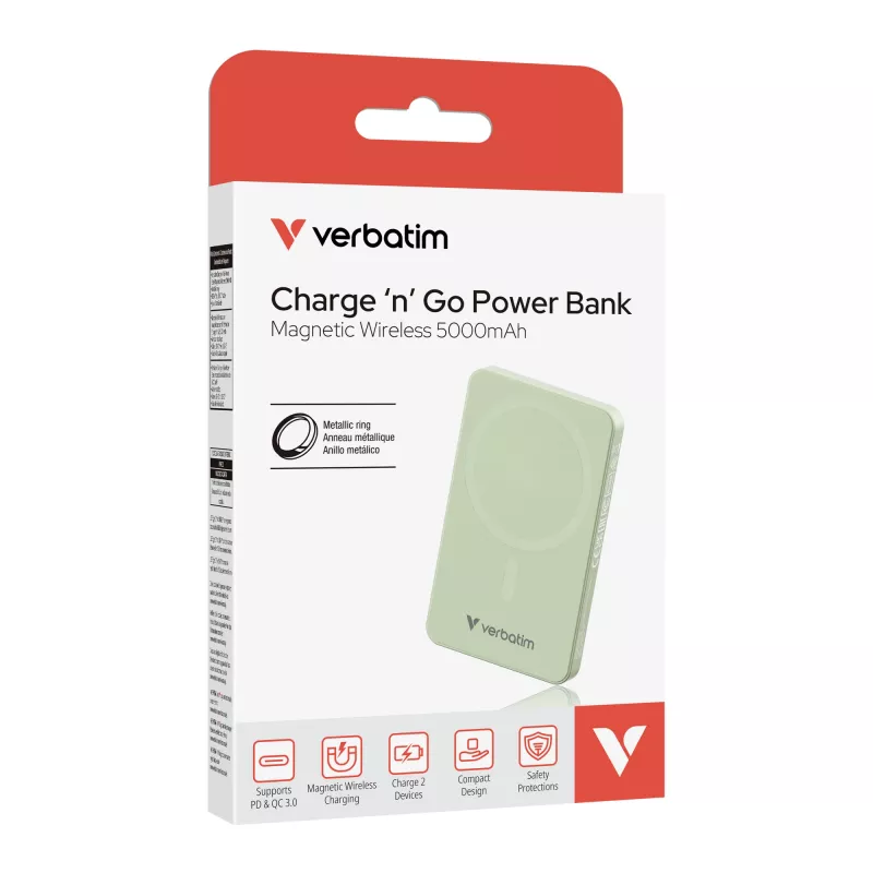 Verbatim Charge 'n' Go Essentials Magnetiline juhtmevaba akupank 5000 mAh Roheline