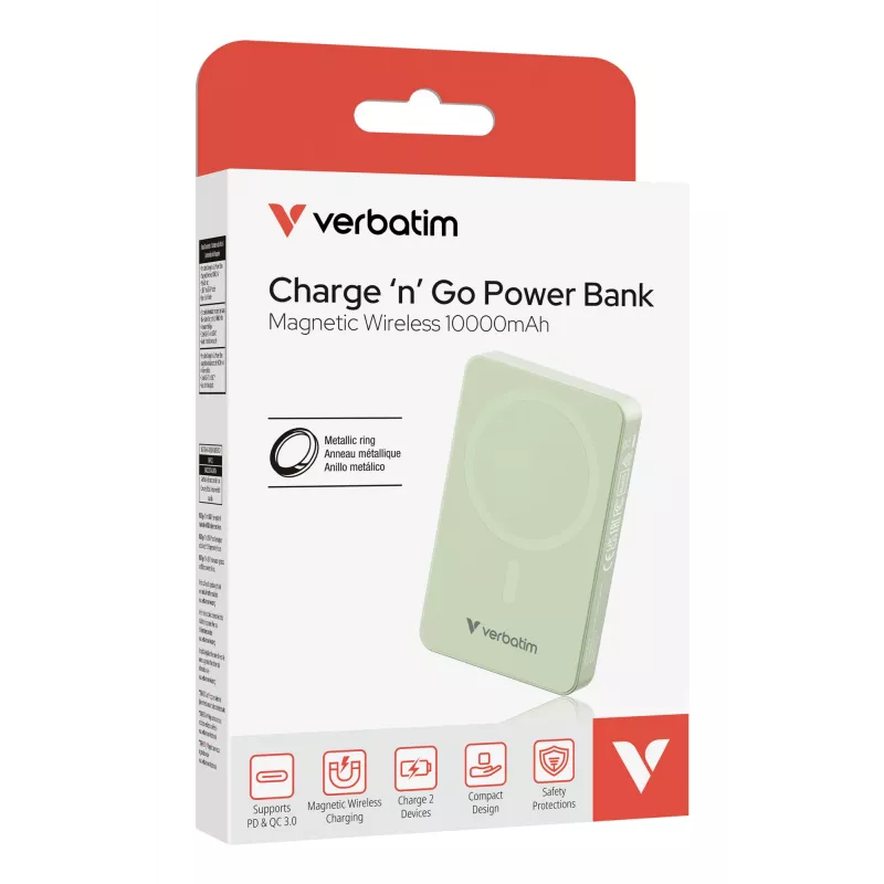 Verbatim Charge 'n' Go Essentials Magnetiline juhtmeta akupank 10000 mAh roheline