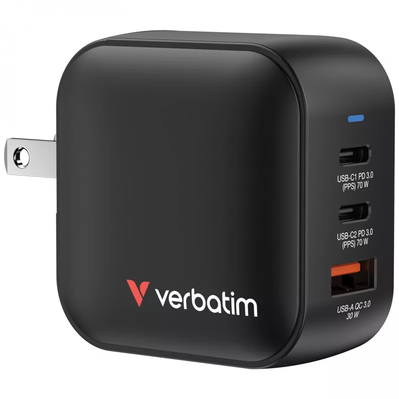 Verbatim Mini GaN Charger 70W 3 Port US plug koos EU and UK adaptors