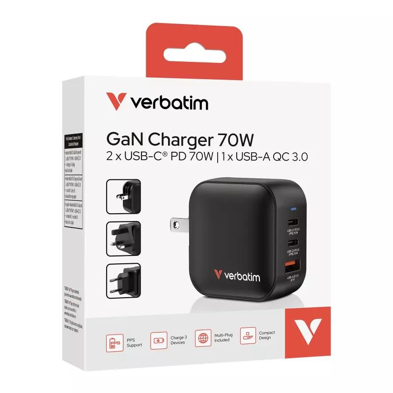 Verbatim Mini GaN Charger 70W 3 Port US plug koos EU and UK adaptors