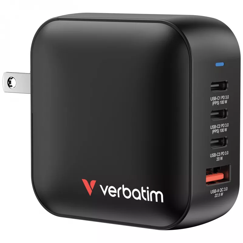 Verbatim Mini GaN laadija 100W 4 porti USA pistikuga koos EL ja UK adapteritega