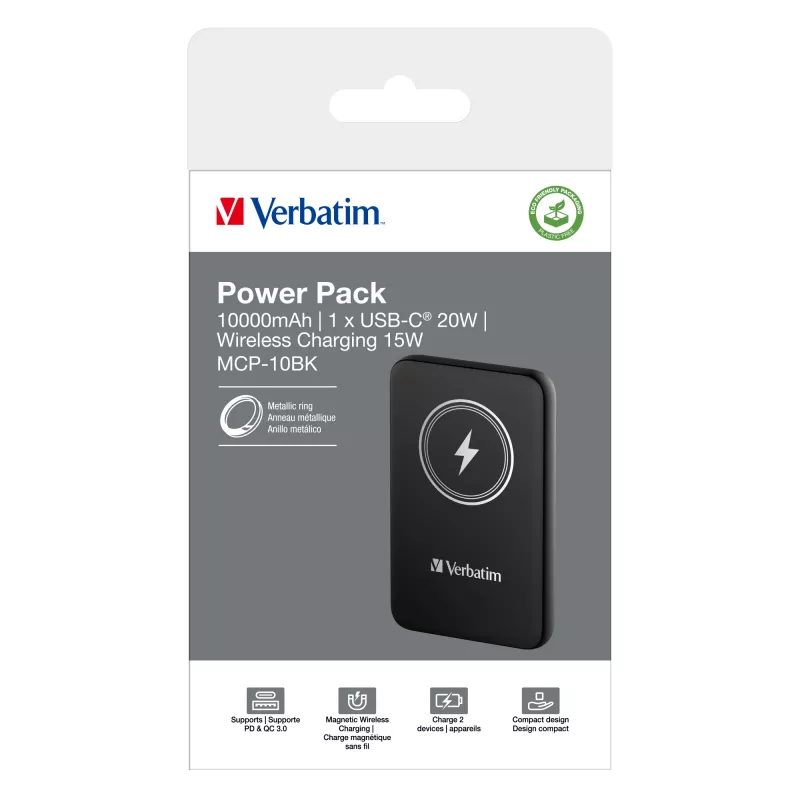 Verbatim Charge 'n' Go magnetiline juhtmevaba akupank 10000 mAh, must