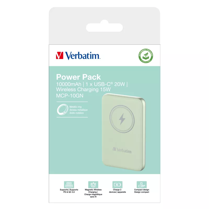 Verbatim Charge 'n' Go magnetiline juhtmevaba akupank 10000 mAh, roheline